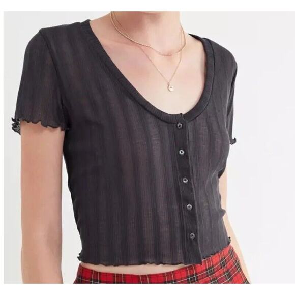 Project Social T Lettuce Edge Rib Knit Button Short Sleeve Scoop Neck Blouse XL - Picture 6 of 6